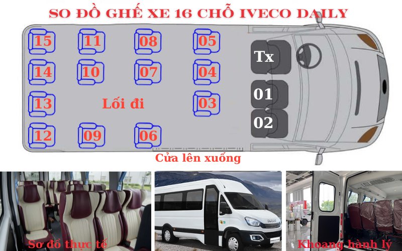 Sơ đồ ghế ngồi xe 16 chỗ Iveco Daily